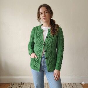 Saol Cardigan Womens Medium Green Cable Knit Merino Wool Aran Sweater Heritage